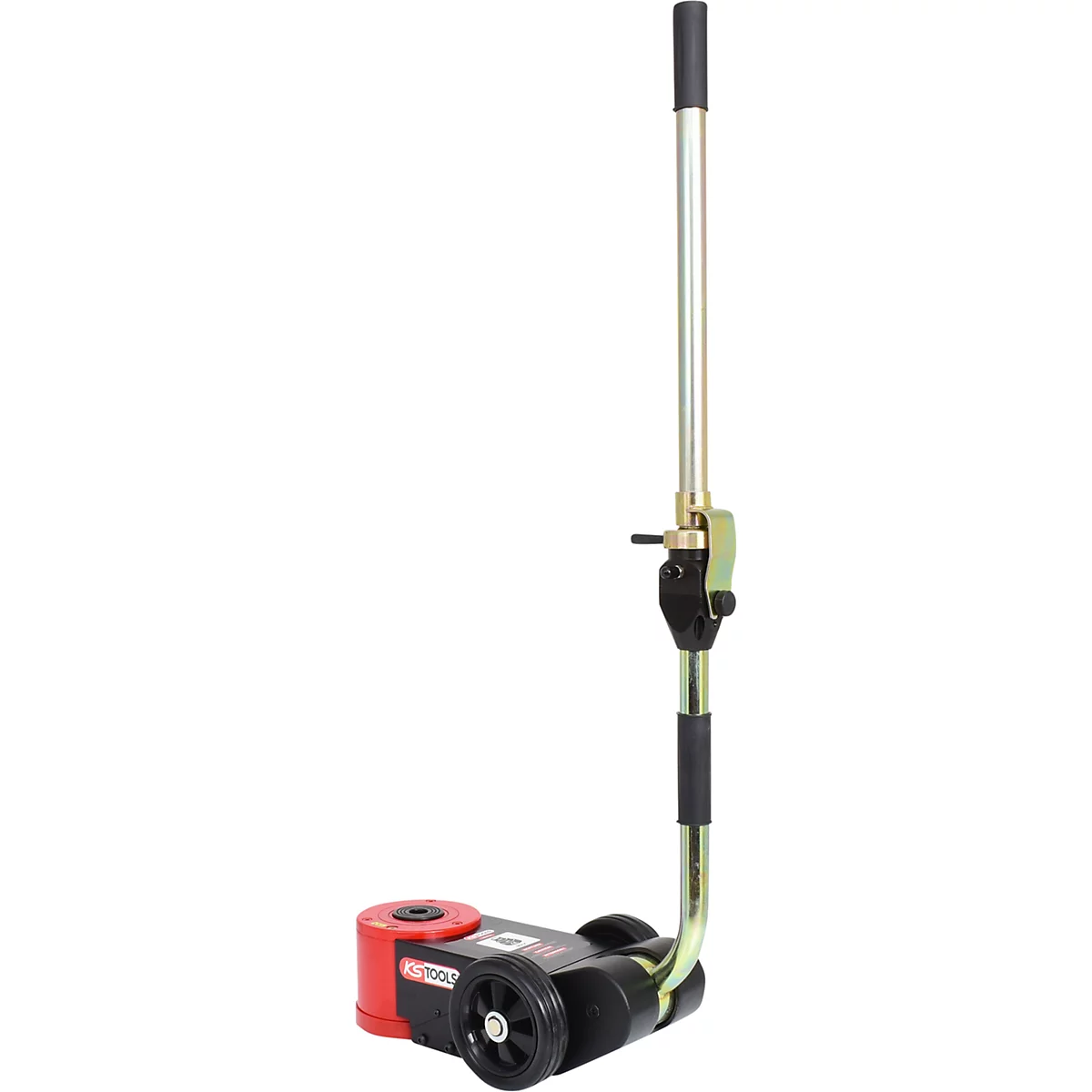 Ein schwarzer Wagenheber mit rotem Kopf, der Griff ist hochgezogen. Auf dem Wagenheber steht "KS TOOLS".